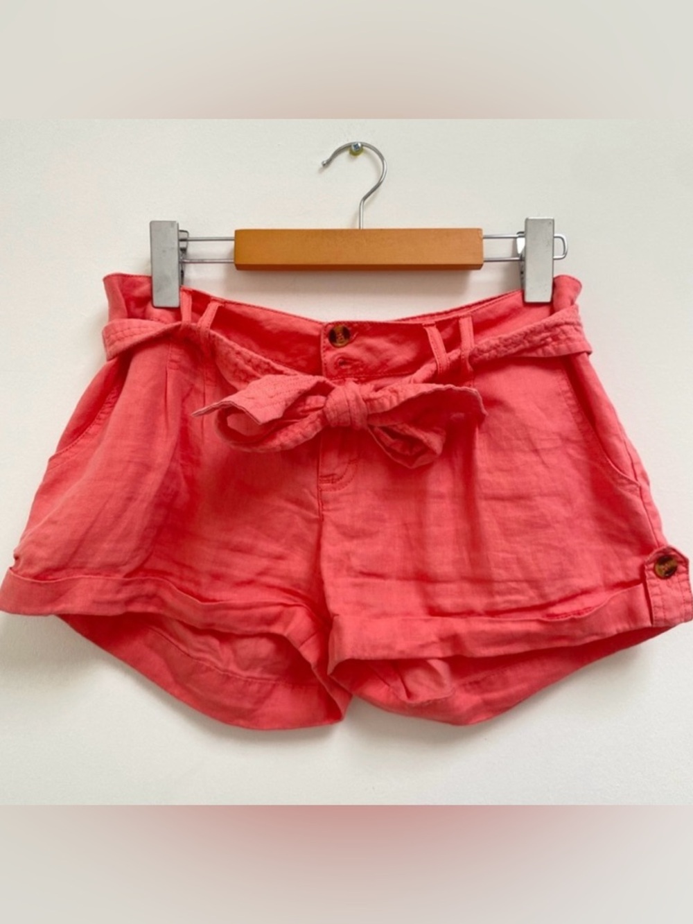 Guess Coral Pink High-Waist Tie-Front Linen Shorts